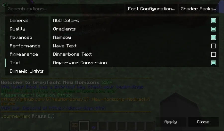 Each effect is a toggle on the Text page of the options screen